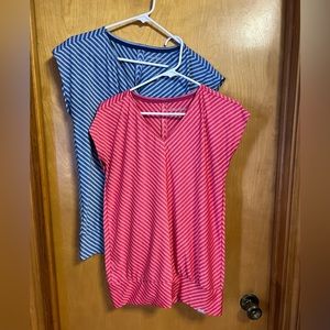 (2) T-Shirts EDDIE BAUER WOMEN'S STRIPED V-NECK CAP SLEEVE Size M Blouson Style